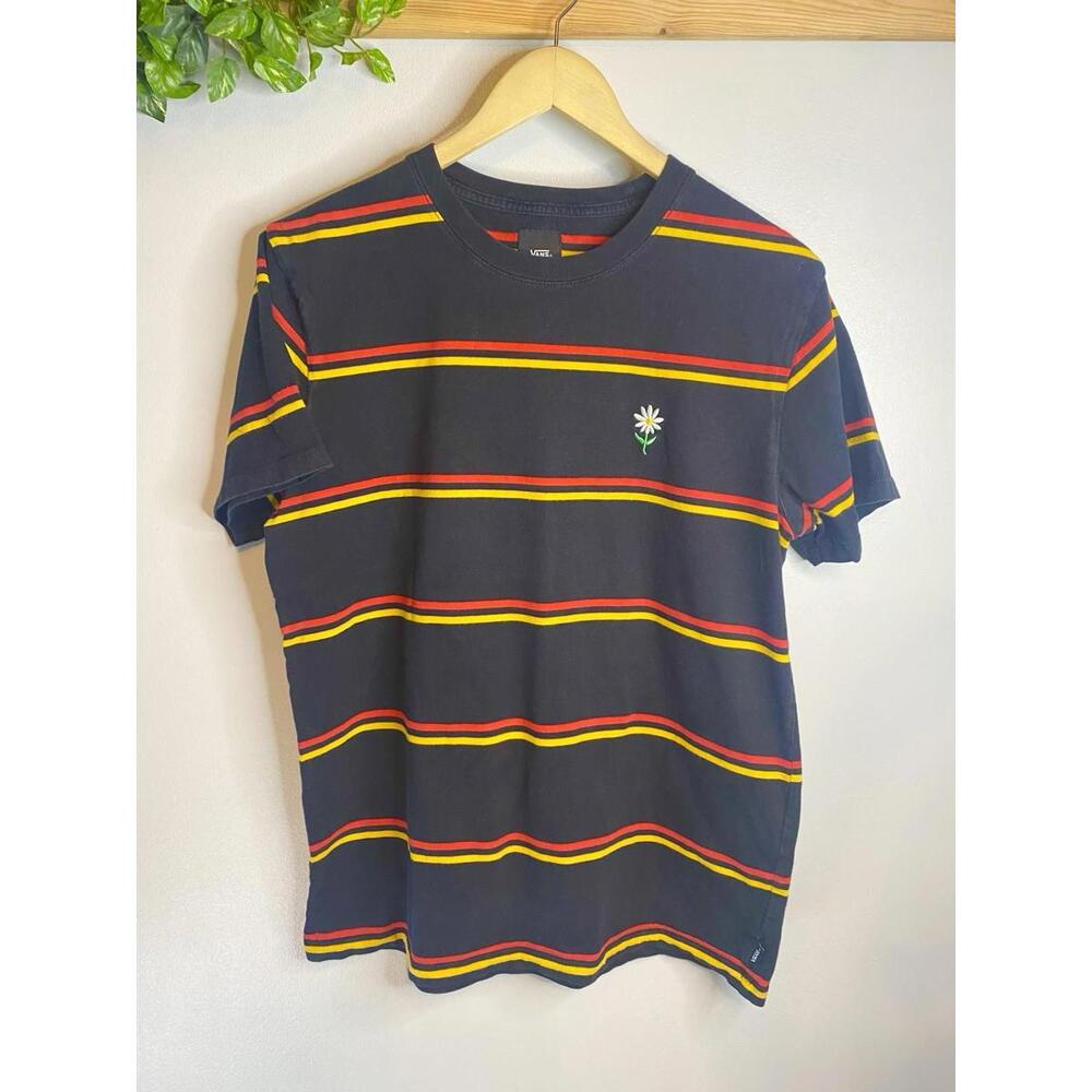 Vans Black Striped Women’s Size Med With Embroidered Daisy T Shirt EUC Skater